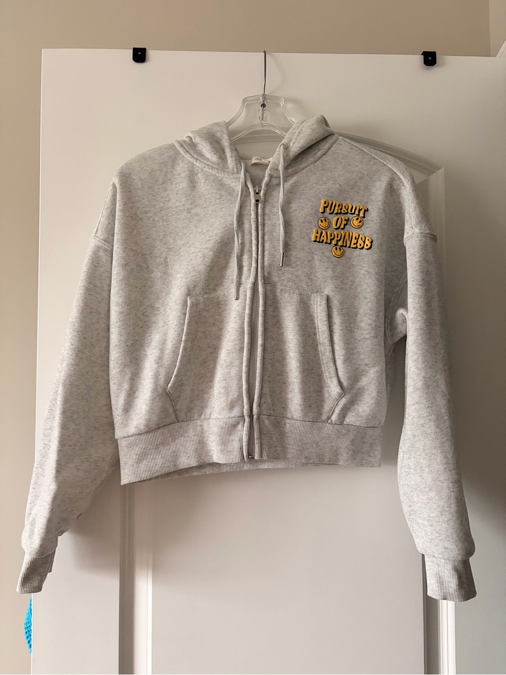 Grey Cropped Zip Hoodie with 'Pursuit of Happiness' Patch